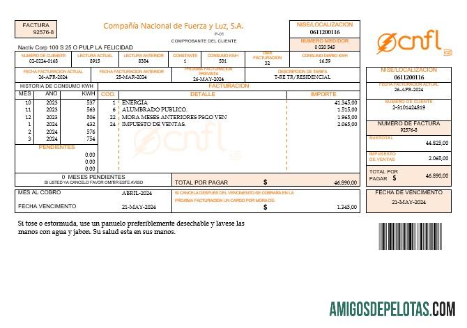 Costa Rica Compania Nacional De Fuerza Y Luz, S A CNFL Business Utility Bill em formatos Word e PDF exemplo
